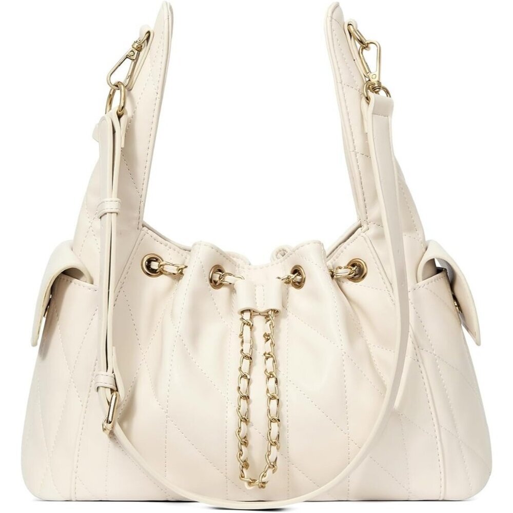 Women White Crumpled Vegan Leather Quilted Adjustable Strap Shoulder Tote Bag